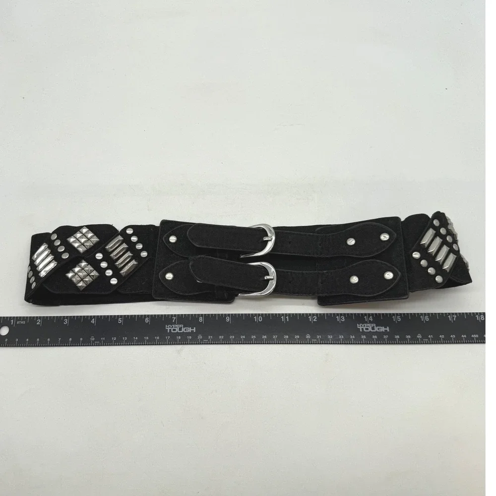 Le Chateau Black Studded Elastic Cinch Belt Double Buckle M Y2K goth moto biker‎
